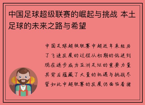 中国足球超级联赛的崛起与挑战 本土足球的未来之路与希望