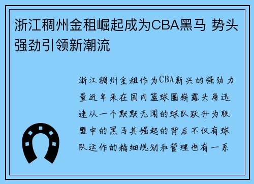浙江稠州金租崛起成为CBA黑马 势头强劲引领新潮流