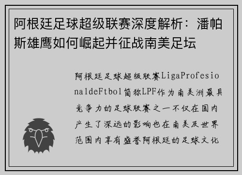 阿根廷足球超级联赛深度解析：潘帕斯雄鹰如何崛起并征战南美足坛
